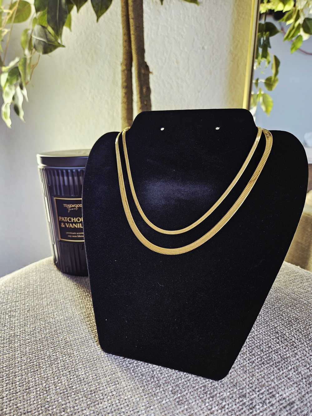 18K Gold PVD Waterproof Gold Layered Flat Snake Chain Herringbone Necklace Set